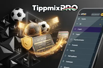 A sportfogadási oldal funkcióinak bemutatása röviden, szemléltetve egy okostelefonon arany focilabdával, védőpajzzsal, digitális szelvénnyel és bankkártyával.